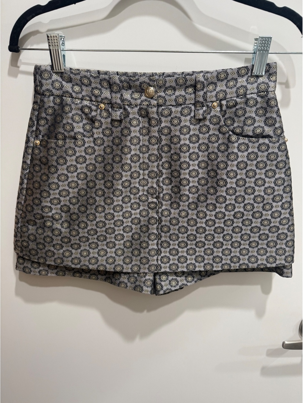 Maje Paris Jacquard Metallic Floral Mini Skort Size 36 US 4 Gray Gold